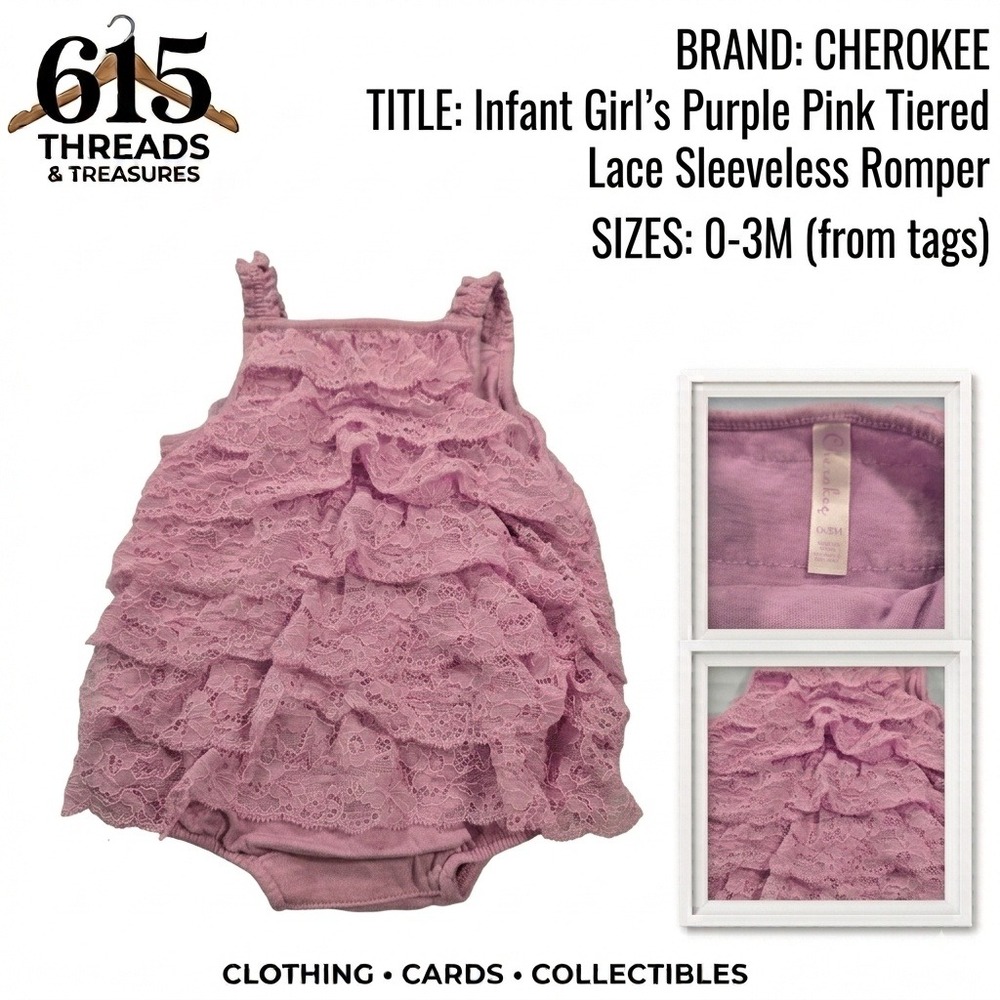 Cherokee Infant Girls Purple Pink Tiered Lace Sleeveless Romper 0-3M